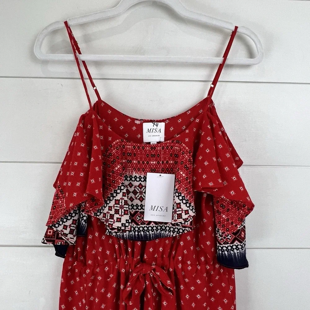 NWT‎ MISA Los Angeles Larsen Midi Dress Women XS Red Boho Cold Shoulder Ruffle